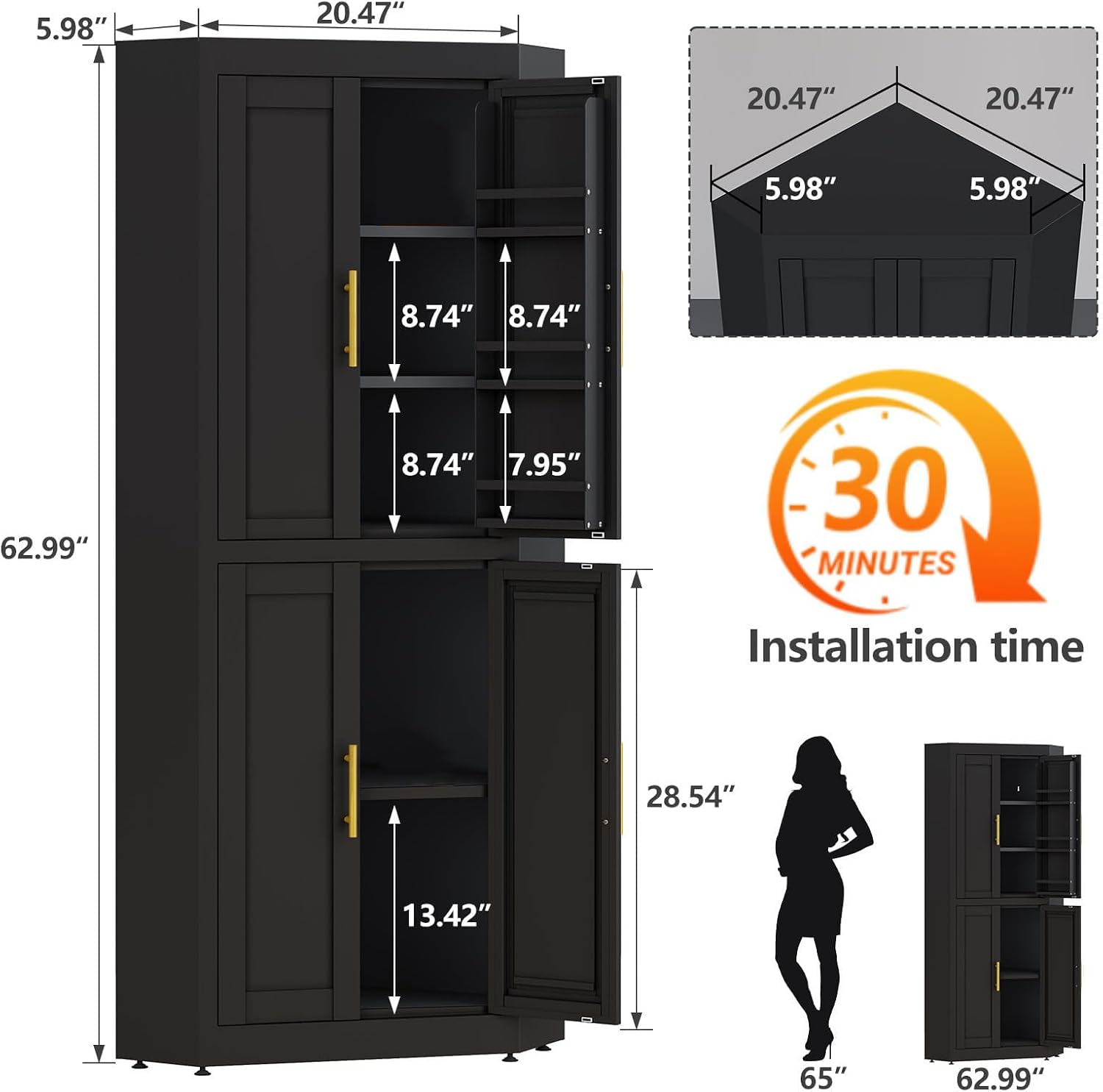 63" Tall Metal Corner Kitchen Pantry Cabinet