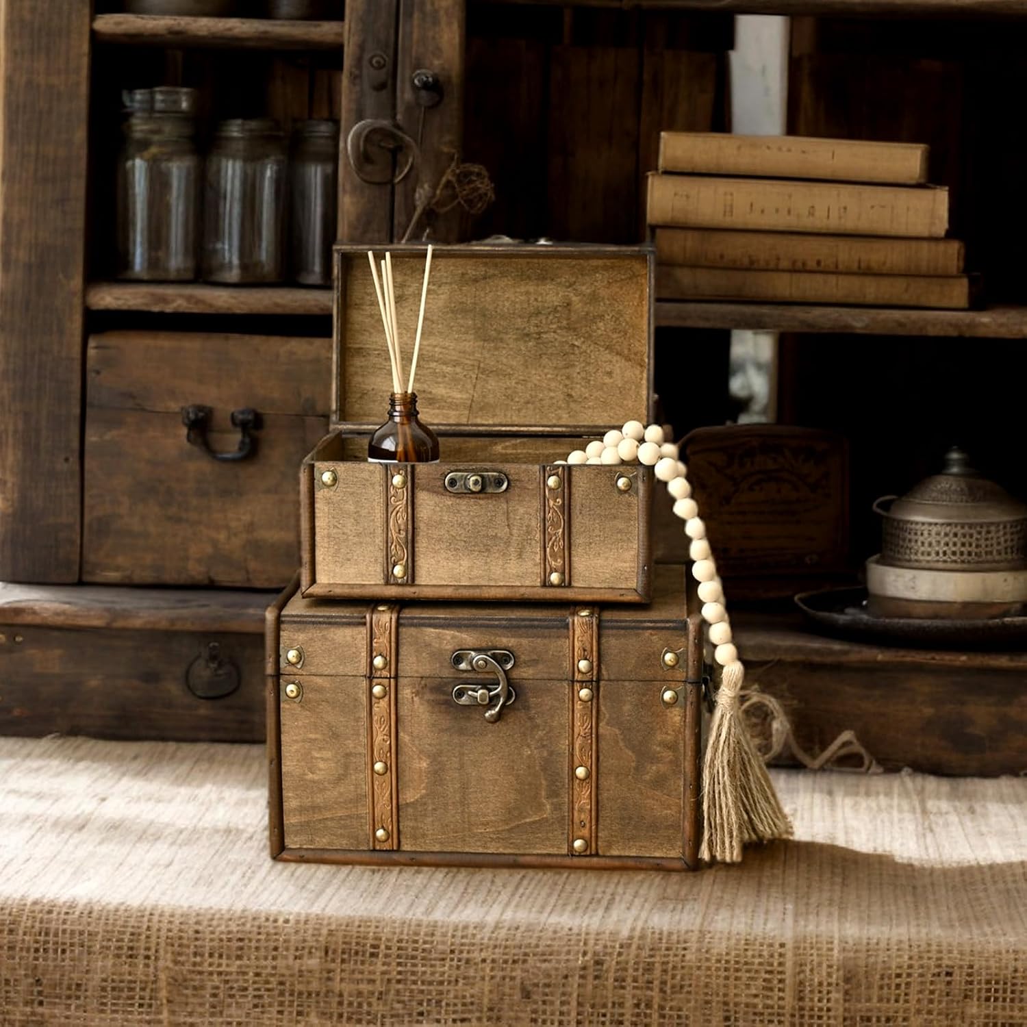 Vintage Wooden Storage Trunk Set of 2