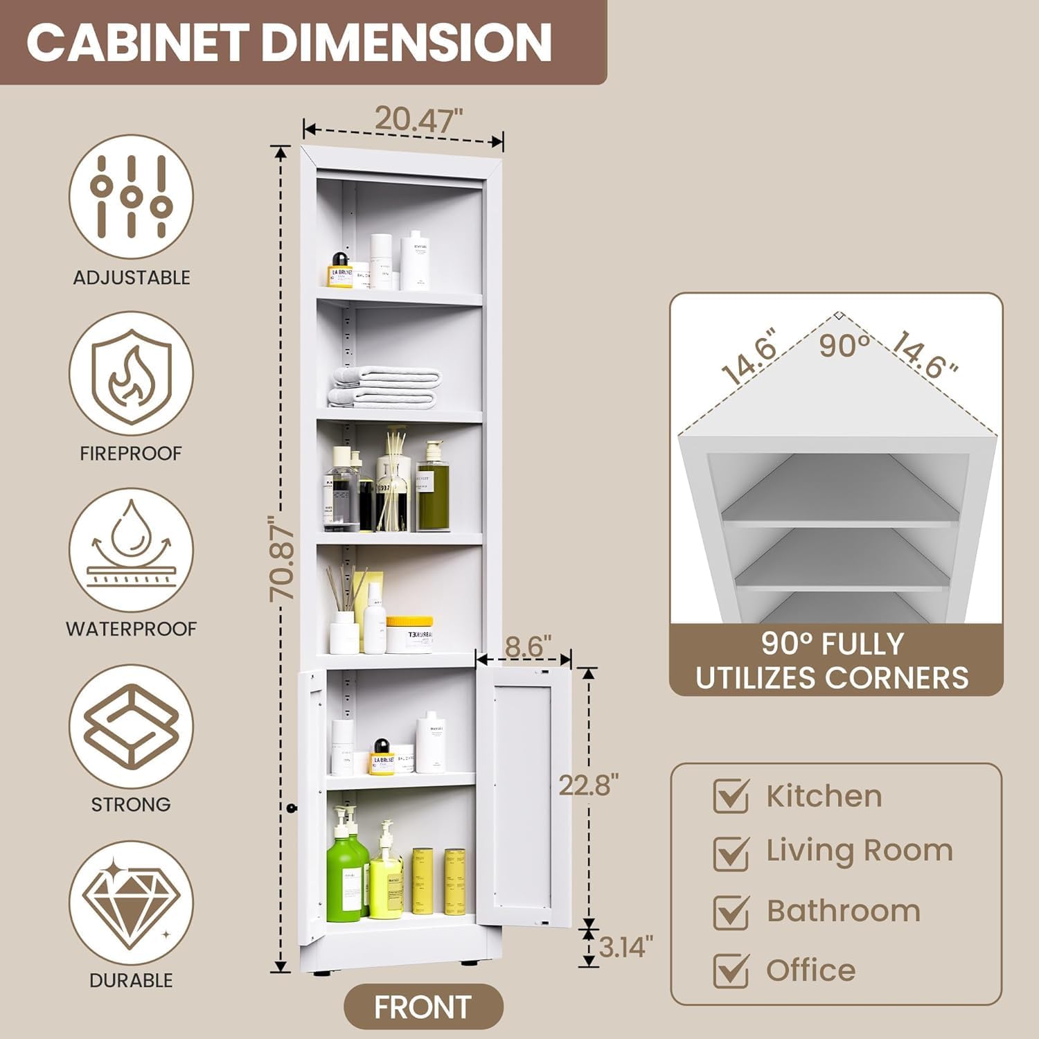 71" Tall Metal Corner Storage Cabinet