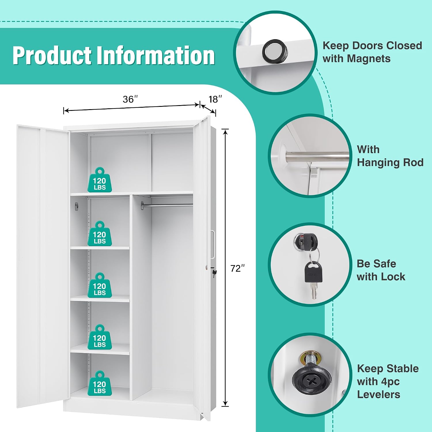 72" Tall Locking Metal Storage Wardrobe Cabinet